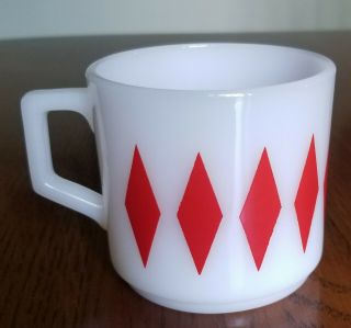 Rare Vintage Fire King White With Red Diamonds Coffee Cup Mug Oven Ware Usa