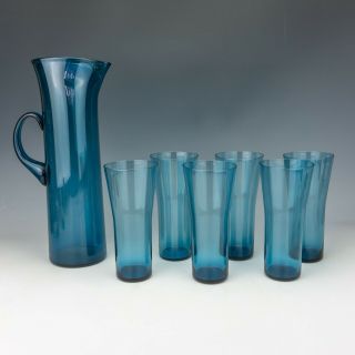 Vintage Scandinavian Tall Blue Glass Lemonade Set - Mid - Century Modern Design