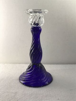 Vintage Clear And Cobalt Blue Twisted Glass Candlestick Holder 6 1/2”