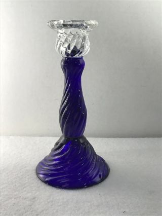 Vintage Clear And Cobalt Blue Twisted Glass Candlestick Holder 6 1/2” 3