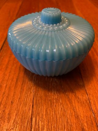 Vintage Blue Akro Agate Vanity Powder Box Jar W/ Lid Slag Trinket Candy