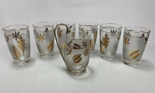 Set Of 6 Vtg Libby Frosted Gold Leaf Juice Glasses Tumblers W/ Matching Pitcher