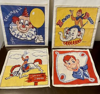 Set Of 4 Vintage Handkerchiefs Howdy Doody & Clarabell 1950 