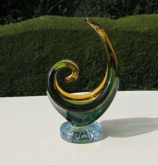 Small Amber Green Sommerso Murano Art Glass Sculpture - Freeform Wave