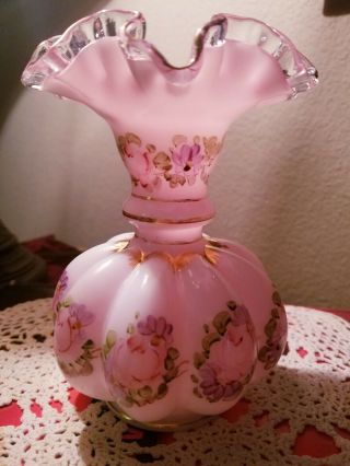 Fenton Double Pink Ruffle Top Charleston Roses Hand Painted White Pink And Gold