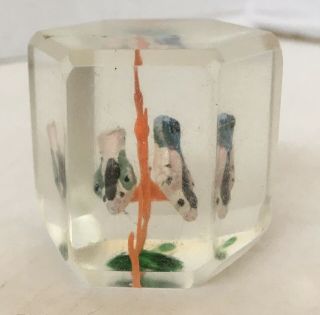C25 Vintage Hexagon Glass Paperweight With Birds Inside 1930 
