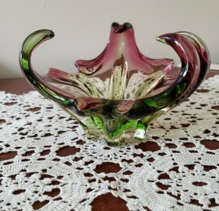Vintage Murano Glass Bowl Vase 2tone Green & Purple