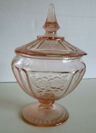 Mayfair Open Rose Pink Depression Glass Footed Candy Dish With Lid