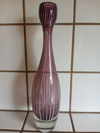 Vintage Studio Hand Blown Art Glass Purple White Striped Vase 14” Tall