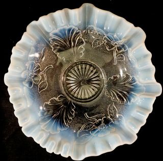 Antique Northwood Blossoms & Palms White Opalescent Glass Bowl Fluted Rim C 1905