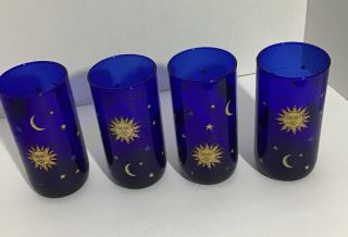 Vintage Cobalt Blue Celestial Sun Moon Stars Drinking Tumblers Libby 1980s