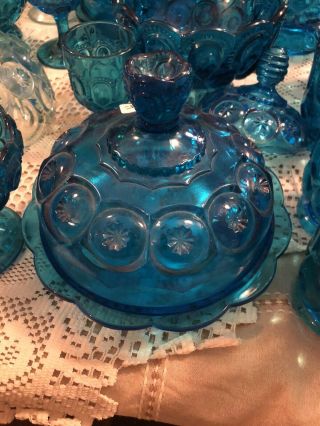 Vintage Le Smith Moon & Stars Turquoise Blue Round Covered Butter/ Cheese Dish
