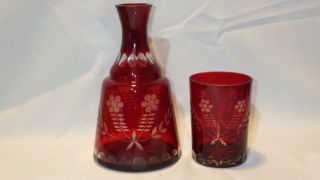 Vtg Ruby Red Cut To Clear Czech Art Glass Bedside Tumble - Up Carafe Tumbler Set