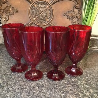 Set Of 4 Vintage Ruby Glass Goblets 7 3/4 " × 3 1/2 "