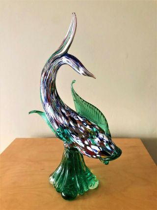 Rare Collectable Vintage Large Murano Fish Figure Blown Glass Speckled Abstract
