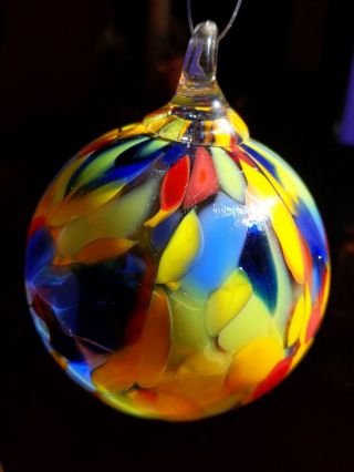 Hand Blown Art Glass Ball Sphere Globe Christmas Ornament Multi Rainbow 2.  5”
