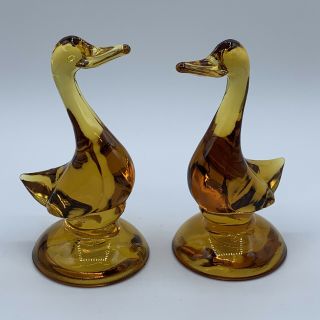 Vintage Viking Glass Amber Goose Duck Bird Glass Figurine Set Of Two