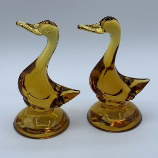 Vintage Viking Glass Amber Goose Duck Bird Glass Figurine Set Of Two 3