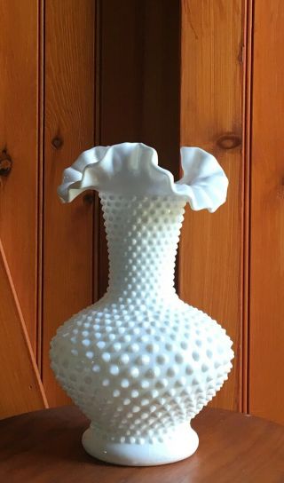 Vintage Fenton Hobnail Ruffled Crimped White Milk Glass Vase