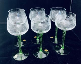 Set Of 6 Bohemia Glass Green Twisted Stem Etched Wine Glasses Made In Czech.