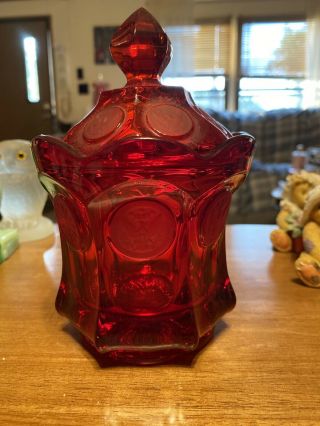 Fostoria Ruby Red Coin Glass Candy Dish With Lid