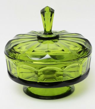 Vintage Indiana Glass Green Pedestal Compote Candy Dish - 1960s