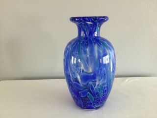 Murano Style Art Glass Millefiori Swirl Blue,  Teal,  Green & White Vase