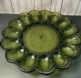Vintage Green Indiana Glass Hobnail Deviled Egg Serving Platter Dish Tray 11 "
