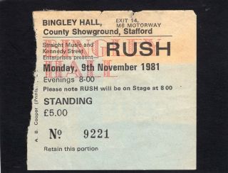 1981 Rush Concert Ticket Stub Moving Pictures Tom Sawyer Bingley Hall Stafford