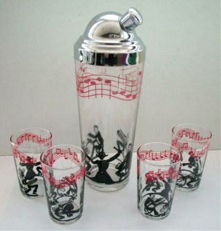 Vintage Glass Cocktail Shaker & 4 Small Glasses,  Red & Black Musical Group Band