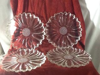 Vintage Set Of 4 Clear Pressed Glass Jagged Edges Flower Shape Plates.