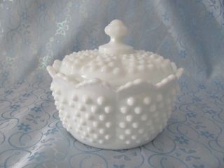 Fenton Hobnail Milk Glass Candy Dish With Scalloped Edge And Lid