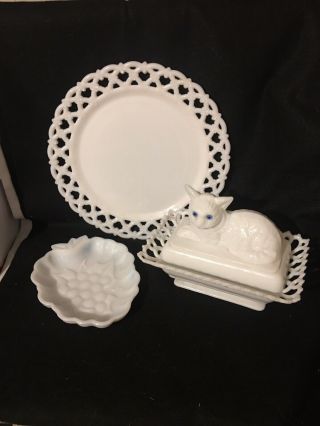 Vintage Milk Glass - Westmoreland Cake Plate And Candy Dish And Small Dish
