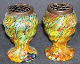 Pair Vintage End Of Day Slag Glass Czech Swirl Spatter Posy Vase Urn Frog 6x4 "