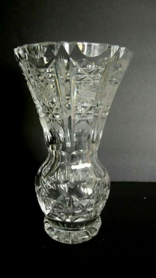 Vintage Bohemian Czech Crystal Hand Cut Glass Vase Grated Thumbprint Fan Hobstar