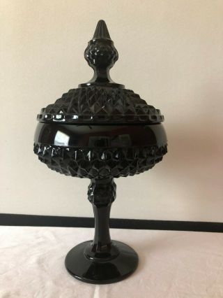 Vintage Tiara Indiana Glass Black Amethyst Diamond Point Pedestal Compote W/lid