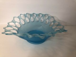Vintage Westmoreland Blue Satin Open Lace Console Bowl Turquoise Blue Frosted 2