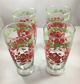 Vintage Red Rose Drinking Glasses Set Of 4 Tea Tumblers Lemonade Picnic Grill