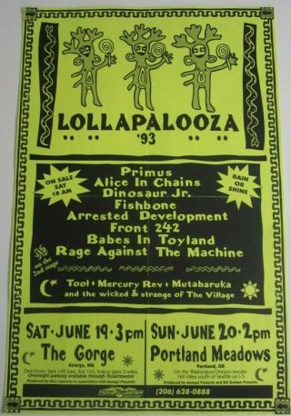 Lollapalooza 1993 Show Poster Primus Aic Rage Tool Fishbone D Jr Babes
