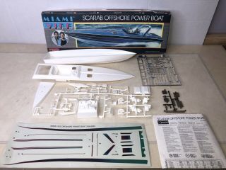 Vintage 1986 Miami Vice Model Scarab Boat Monogram Open Box 100 Complete