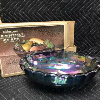 Blue Carnival Glass Footed Fruit Bowl Iridescent Indiana Glass W/original Box