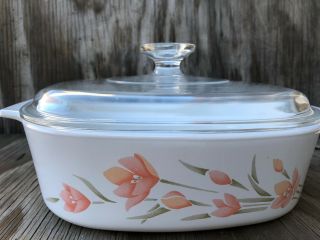 Corning Ware Dishes Peach Floral White 2 Ltr.  Casserole Dish W/clear Glass Lid