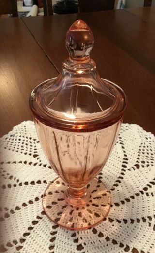 Vintage Pink Depression Glass Pedestal Ribbed Candy Dish With Lid