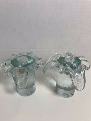 Two Large Blenko Mid Century Modern Handblown “melted Ice” Glass Candle Holders