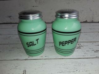 Jadeite Green Glass Black Letter Salt & Pepper Shakers In