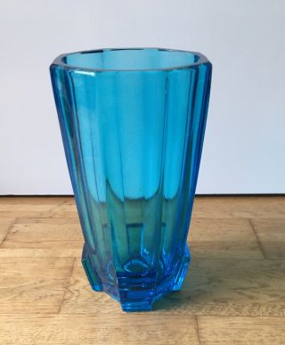 Vintage Unusual 1960s 1970s Blue Turquoise Heavy Glass Vase Art Deco Retro