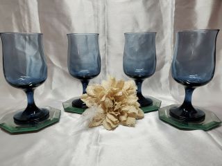 Vintage Libbey Dusky Blue Tulip Stemmed Wine / Water Glass Goblets Set Of 4