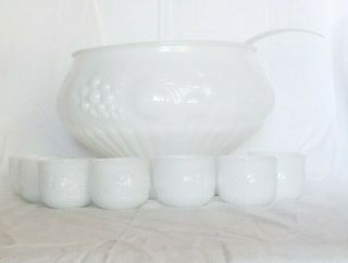 Vintage Jeannette Della Robbia Fruit Milk Glass Punch Bowl Set With 8 Cups Ladle