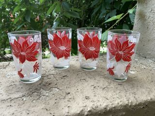 Set Of 4 Floral Swanky Swig Juice Glasses Vintage Red And White Flowers