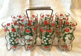 Vtg Mcm Continental Can Co (ccc) Christmas Juice Glasses Set Of 8 W/ Holder T15